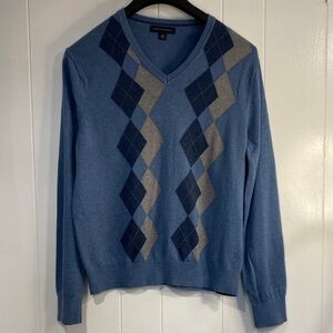 Banana Republic Sweater Preppy Silk Cotton Cashmere Argyle V-Neck Blue Size M